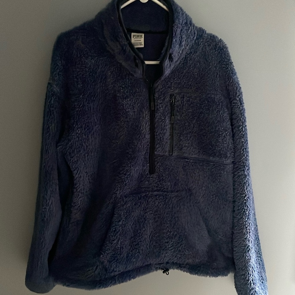 Victoria's Secret PINK Fleece Quarter Zip pullover jacket 
Blue and Black Trim